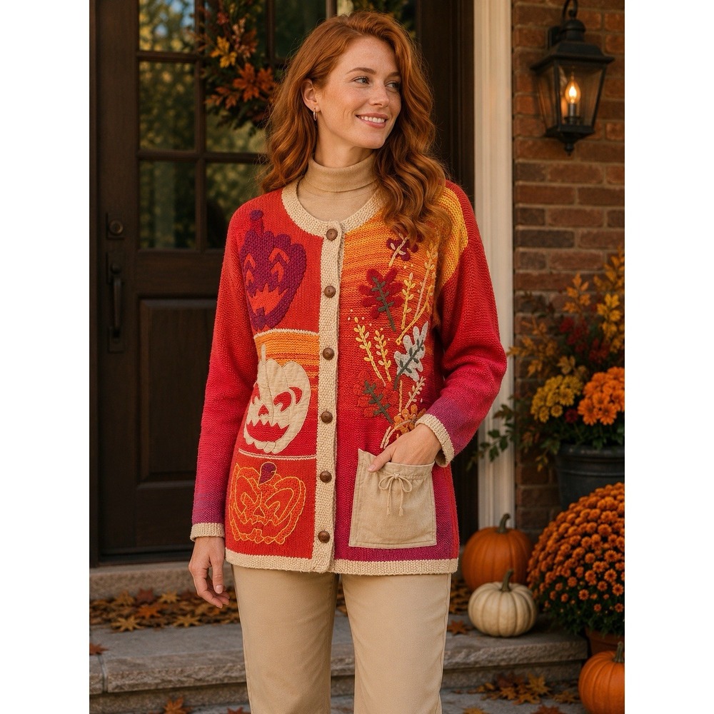 Vintage Eagle's Eye Collectibles Halloween Pumpkin Cardigan Sweater M 1996